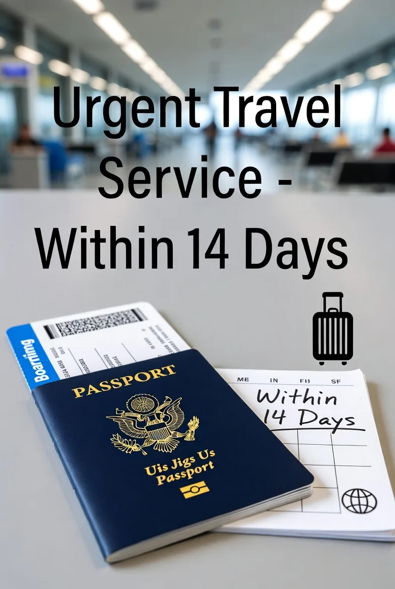 Urgent Travel Service Within 14 Days — passport and boarding pass at airport