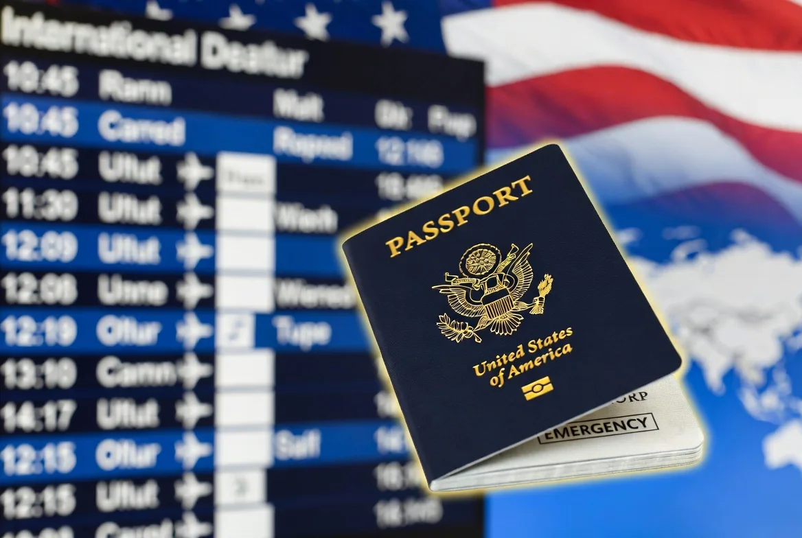 US Emergency Passport at international departure board — Expedited passport services